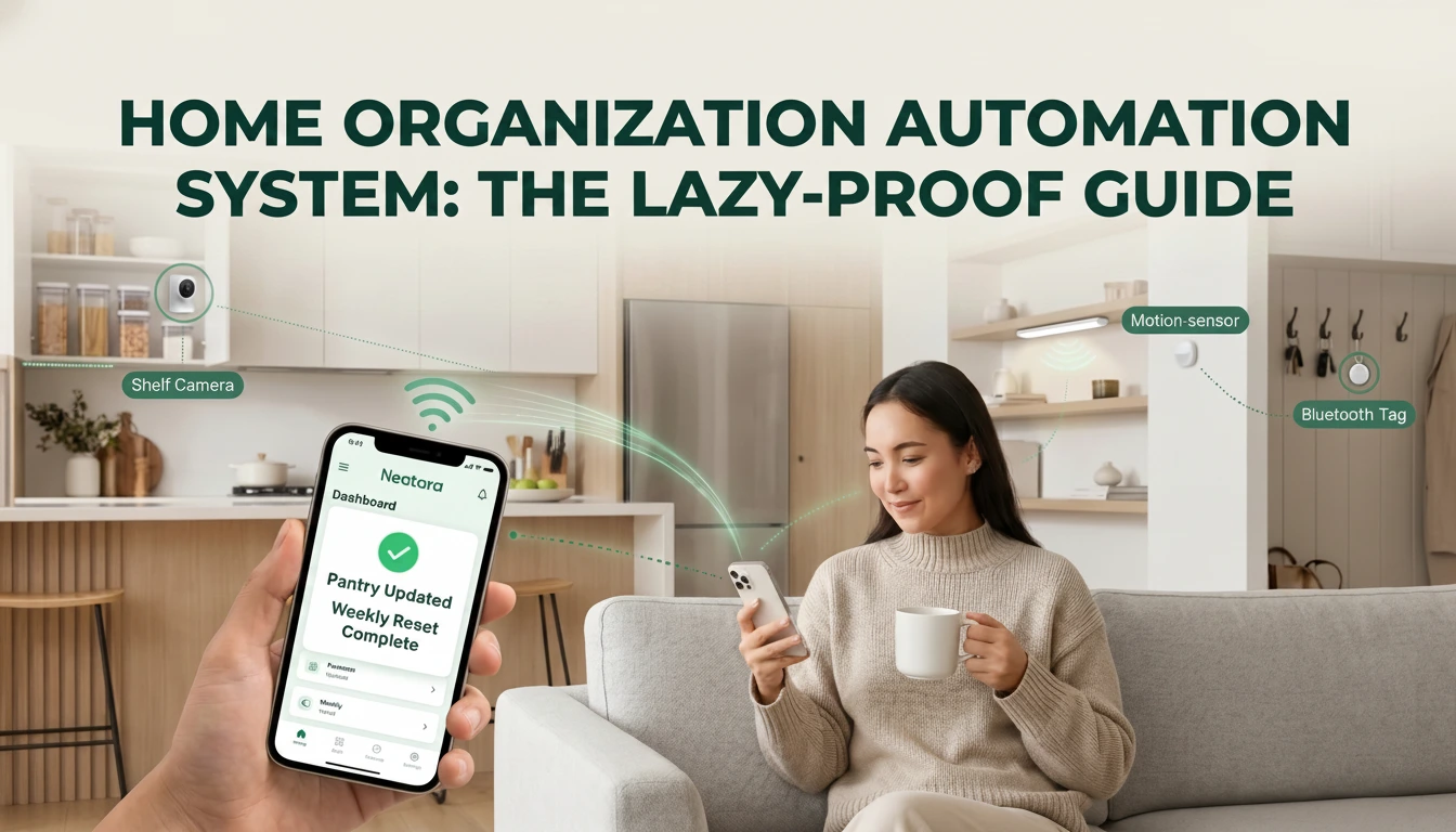 Home organization automation system showing a woman relaxing while the Neatara app manages smart devices