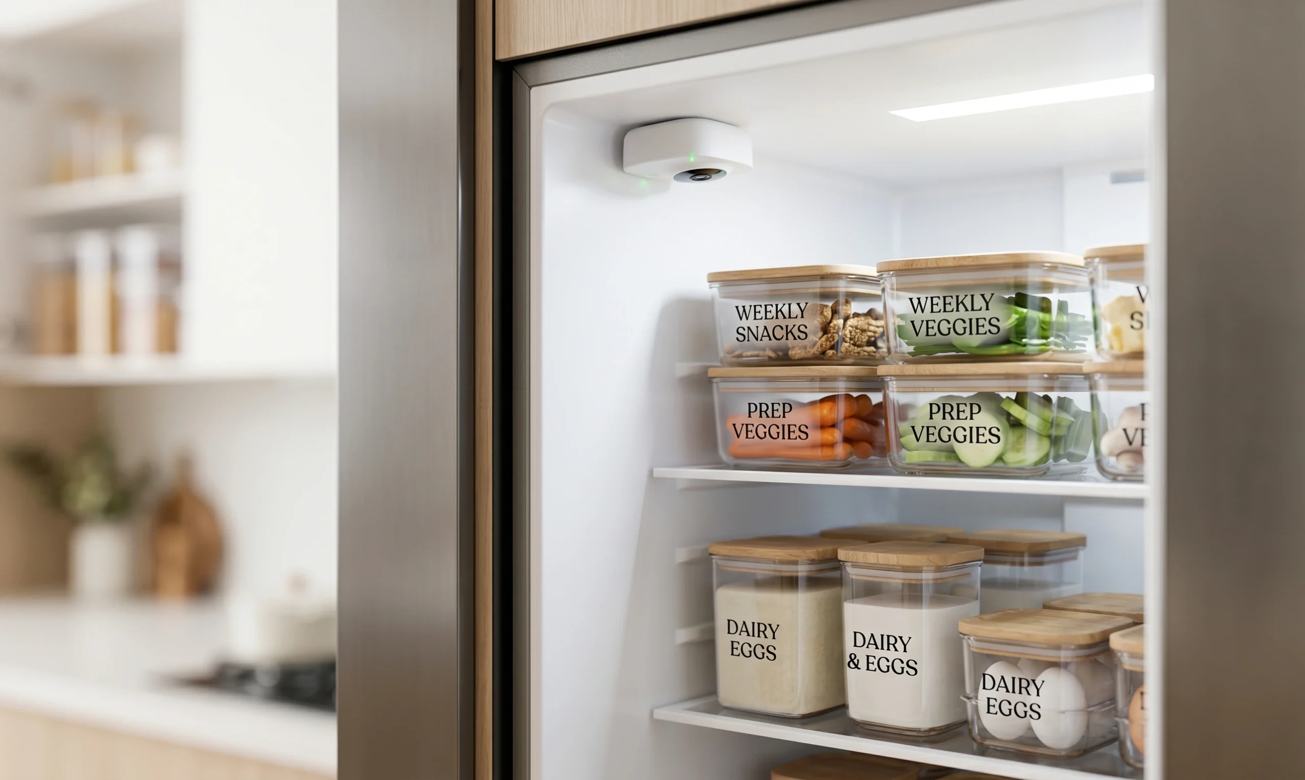 Organized refrigerator with labeled bamboo-lid containers showing weekly snacks, prep veggies, and dairy zones