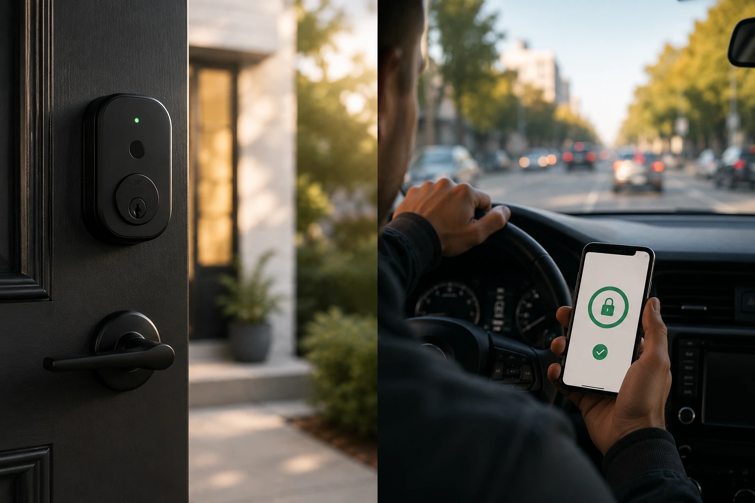 Smartphone unlocking a smart door lock for keyless home entry and auto-lock on departure