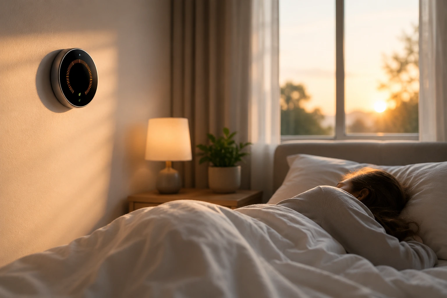 Smart thermostat on a wall set to a comfortable wake-up temperature for the morning