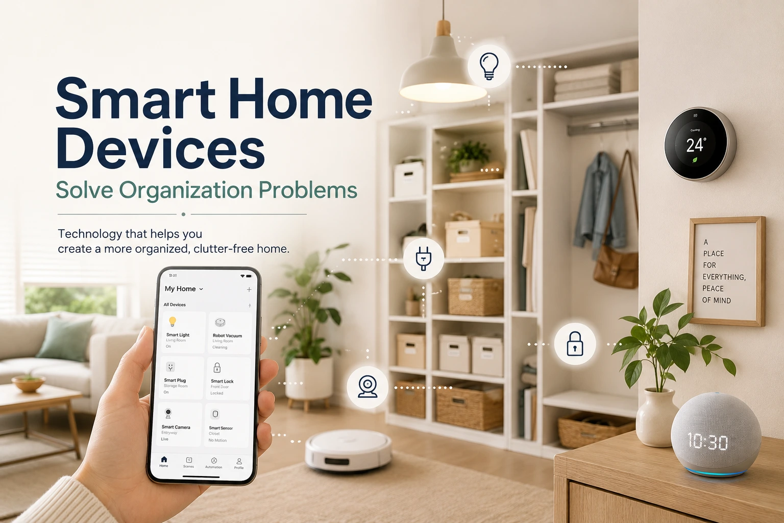 Smart home devices including robot vacuum, bluetooth tracker, and smart plug arranged to solve real home organization problems