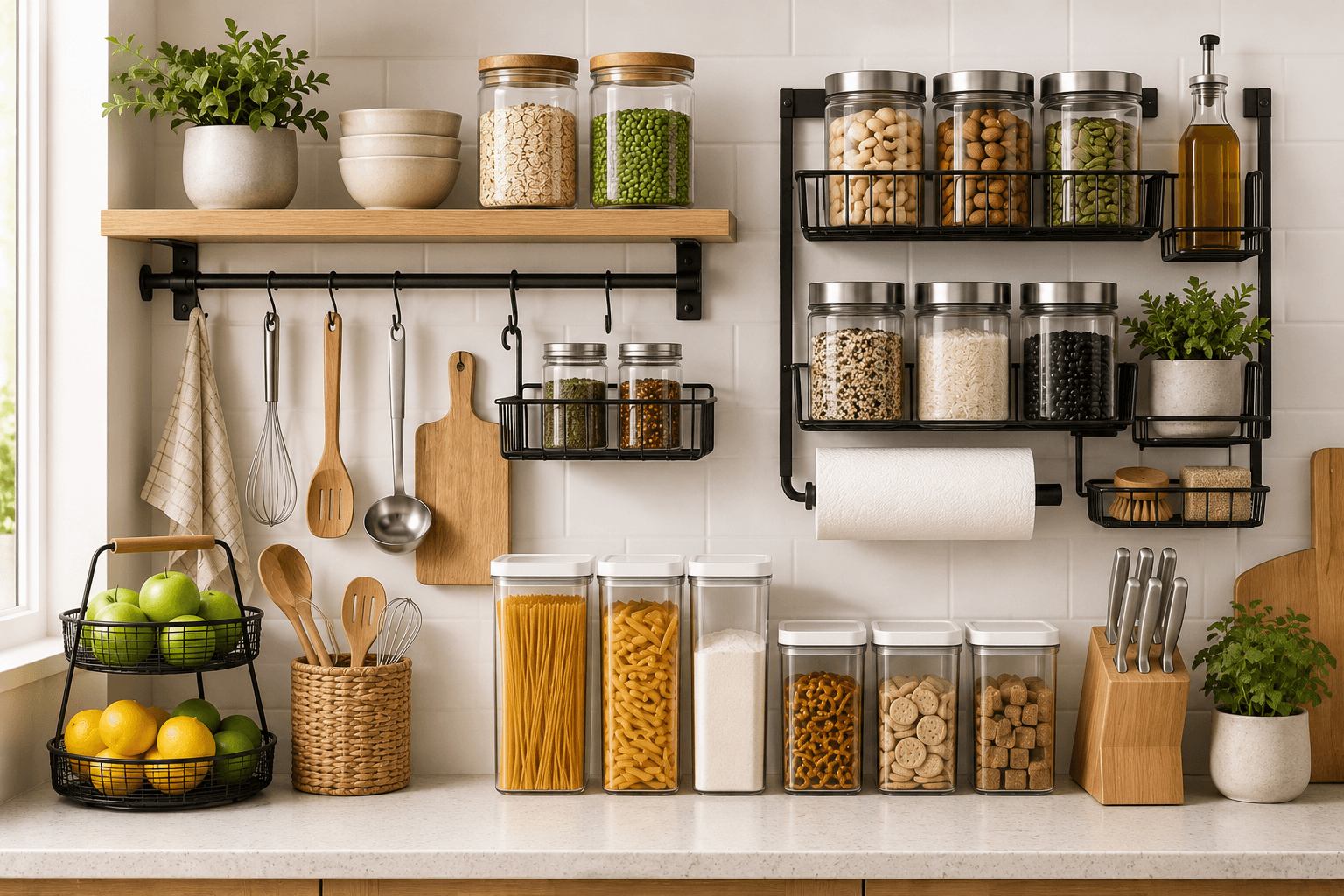 Minimalist kitchen countertop with wall-mounted magnetic knife strip and utensil crock
