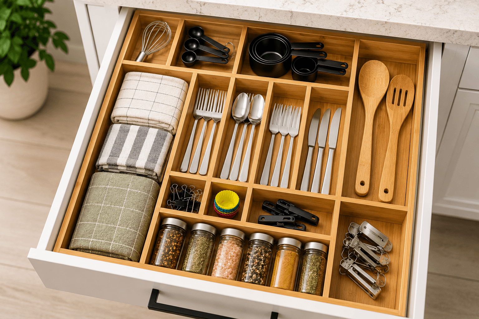 Open kitchen drawer with bamboo dividers neatly separating utensils and cooking tools