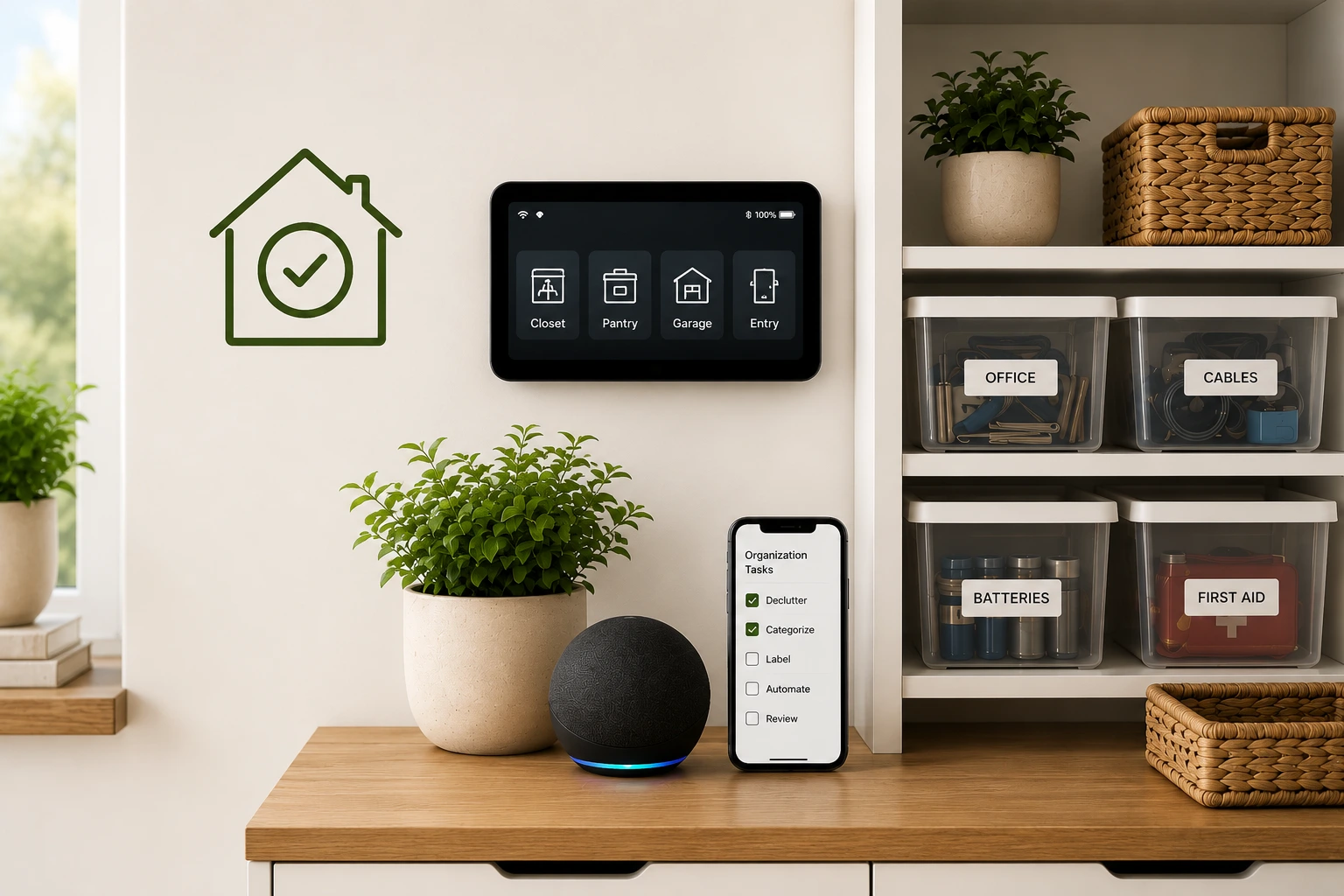 Labeled drawer organizers and clearly defined zones in a home organization automation system