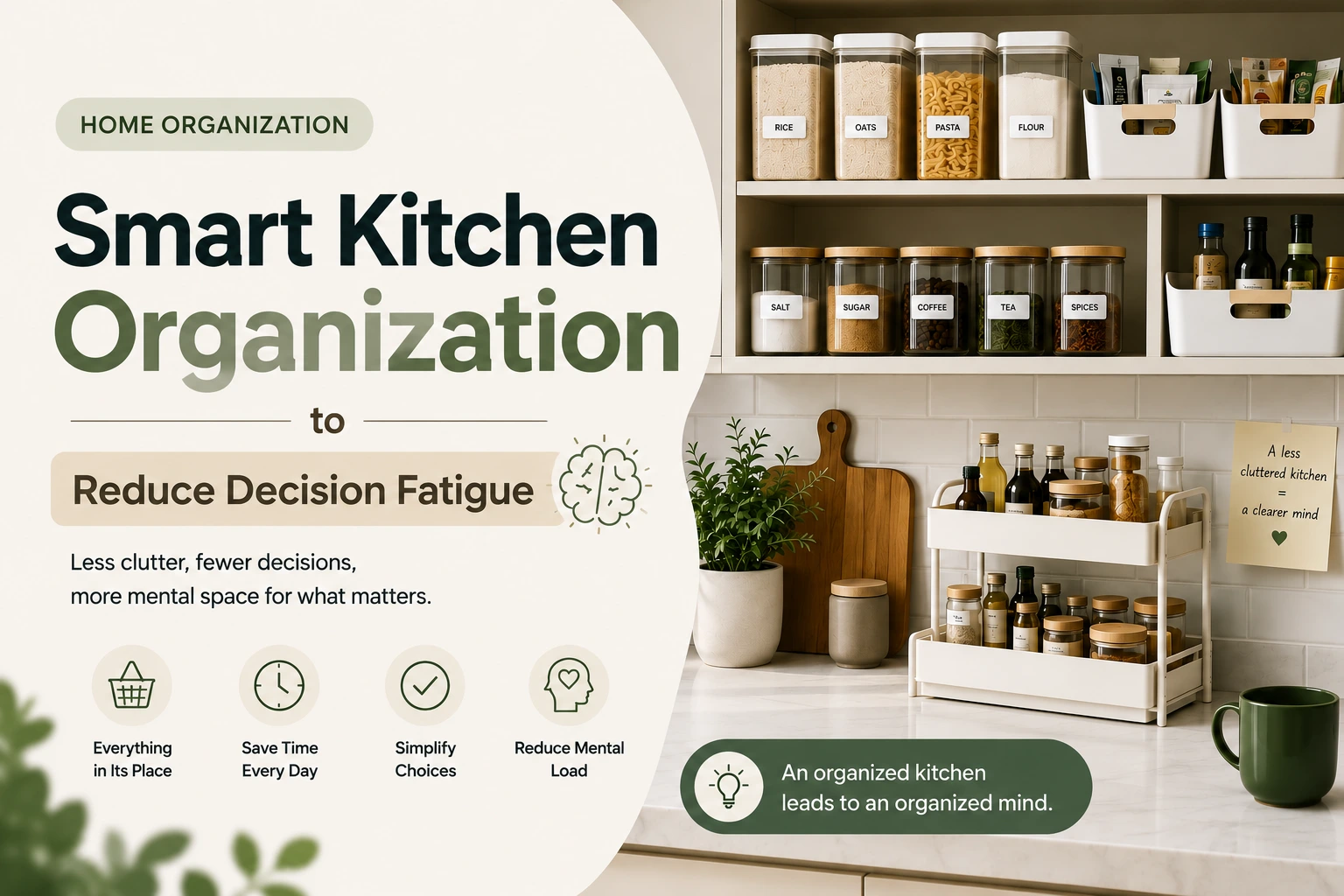 Bright organized modern kitchen with clean countertops — smart kitchen organization system for busy households