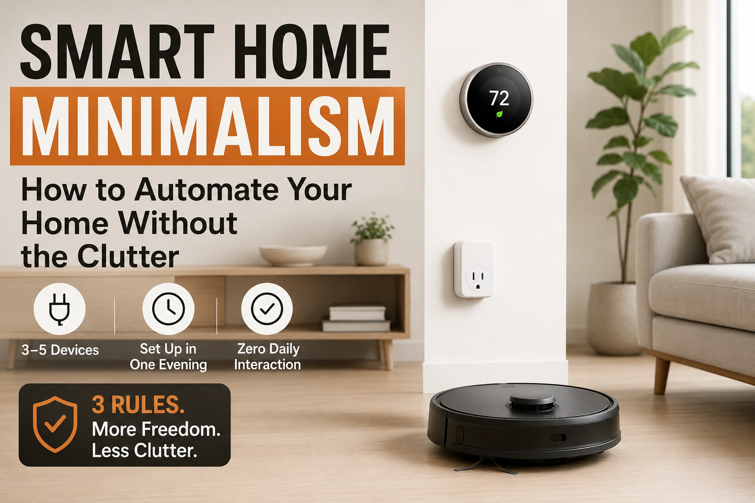A minimalist smart home living room with only a few smart devices visible — a robot vacuum on the floor, a smart thermostat on the wall, and a single smart plug in the outlet