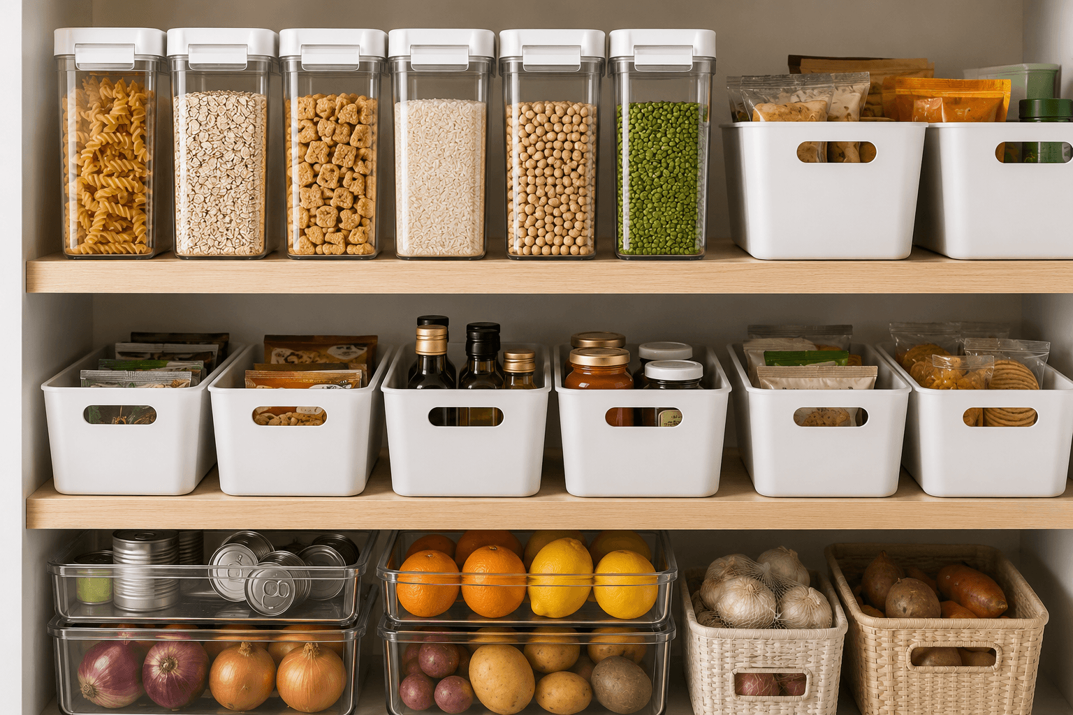 Pantry shelves with uniform clear bins labeled for dry goods, snacks, and baking ingredients