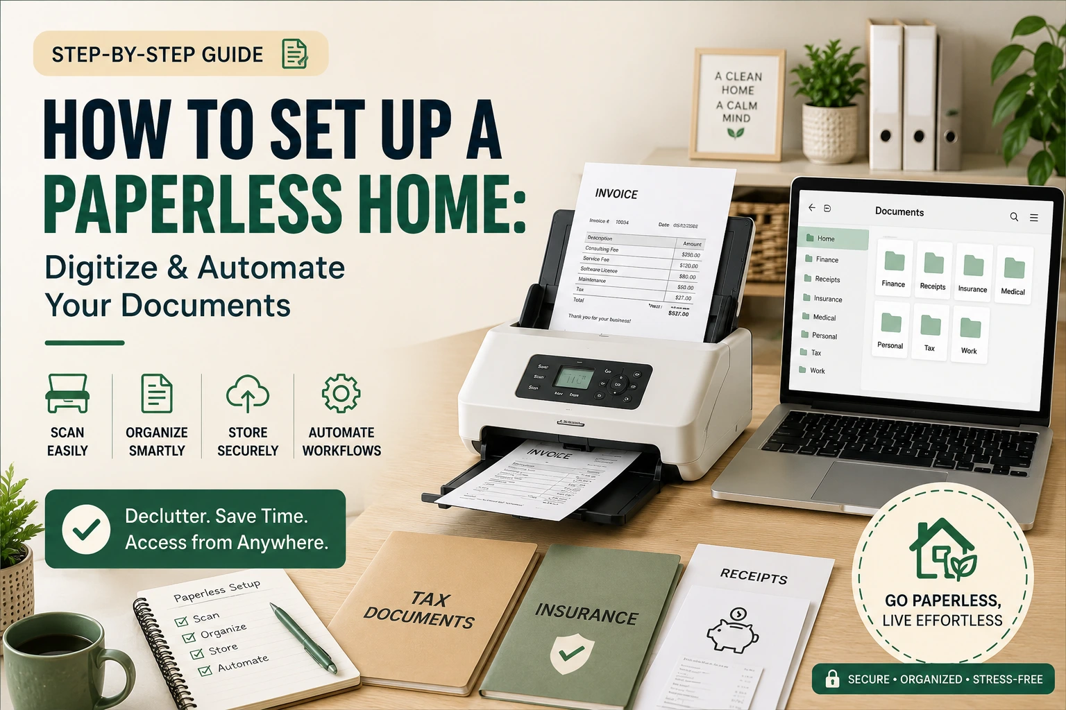 Clean organized home desk with laptop and no paper, setting up a paperless home document system