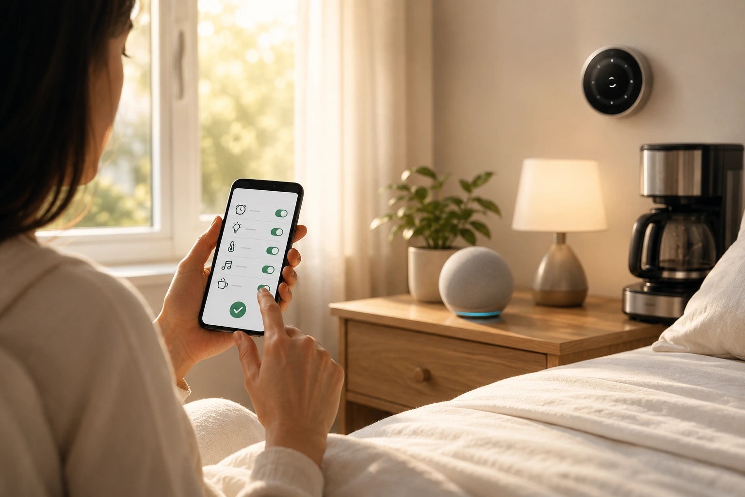 Person using a smartphone app to set up a scheduled smart home automation routine