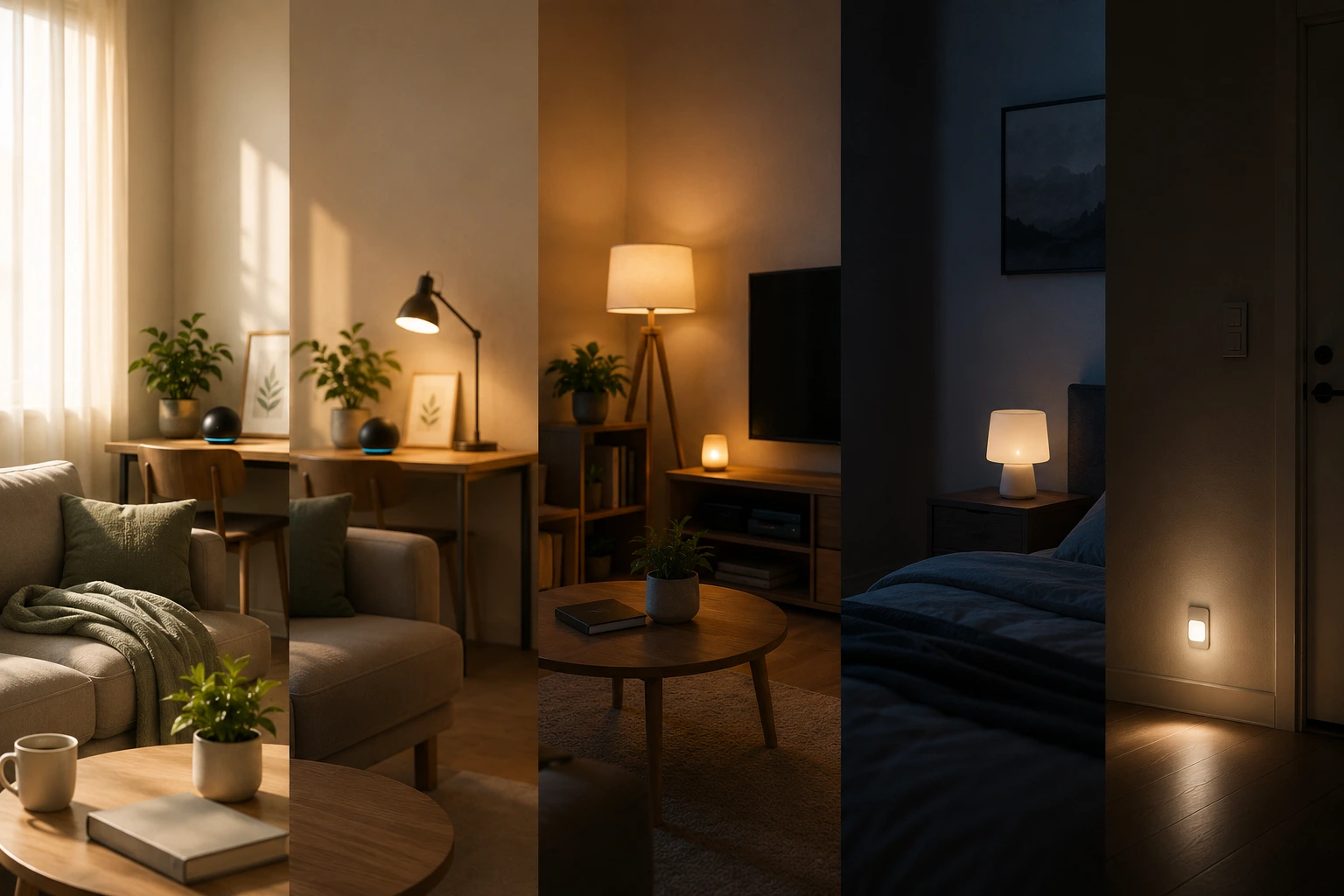 Warm ambient lighting in a room - smart bulbs on a schedule create behavioral signals for wind-down and morning wake-up routines