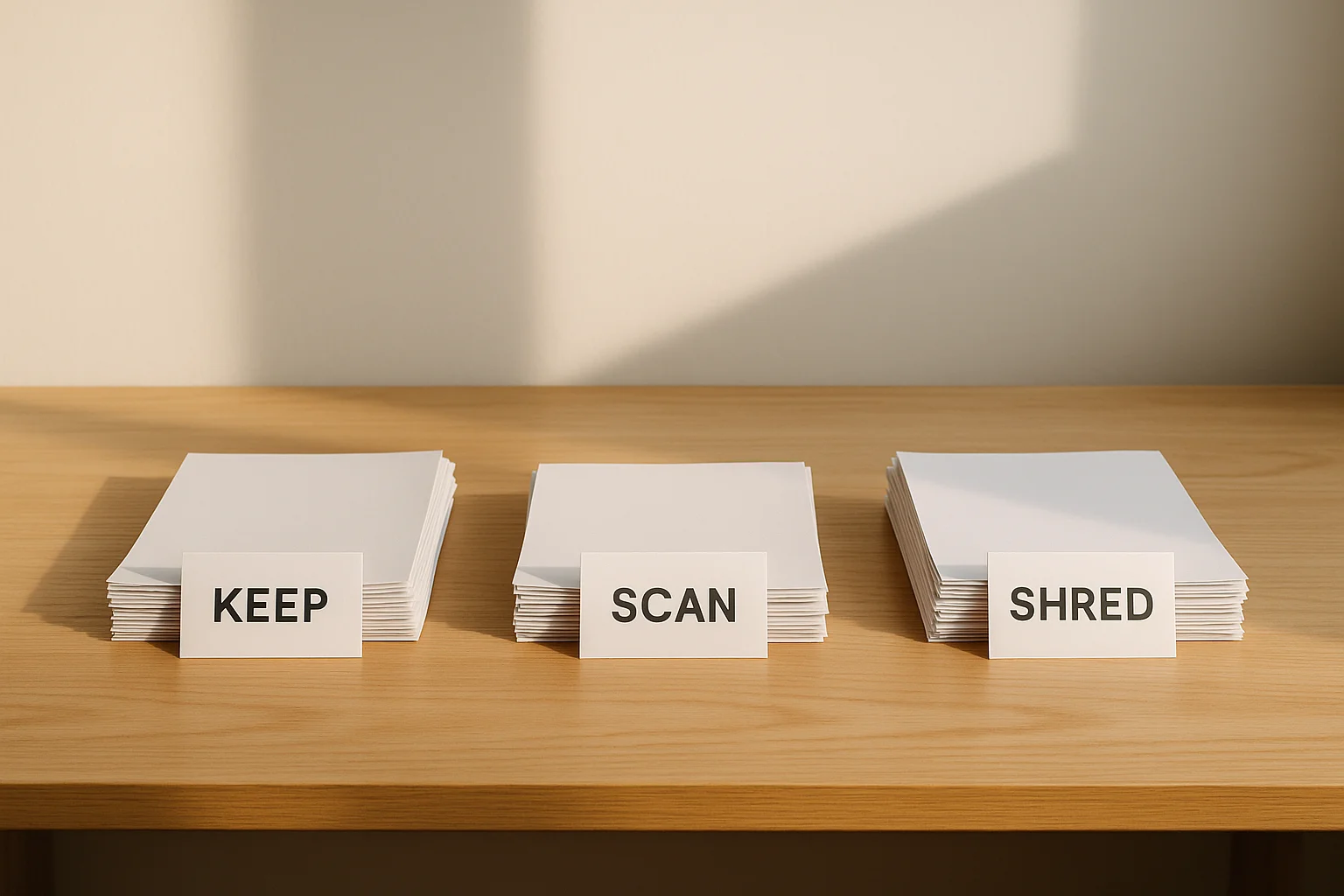 Paper documents sorted into three piles on a desk — shred, scan and keep, scan and shred