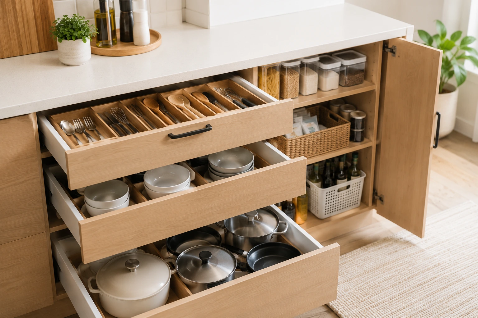 Neatly organized kitchen drawer with utensils sorted by frequency of use