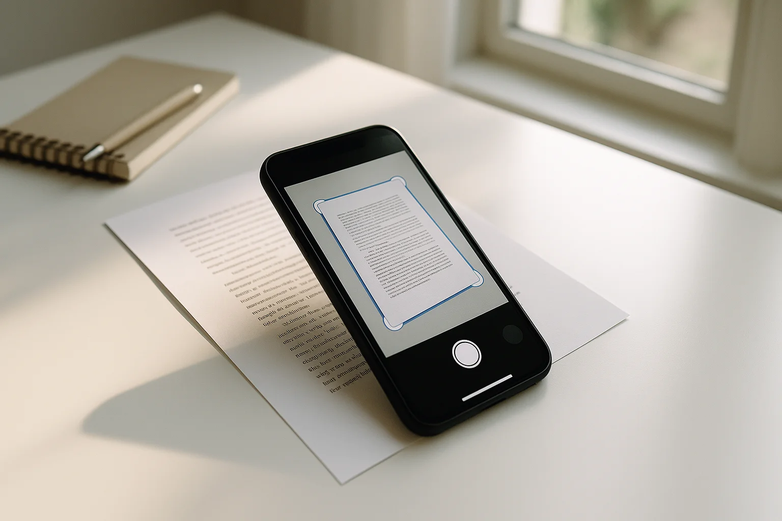 Smartphone scanning a paper document with Adobe Scan app — free document digitization for a paperless home
