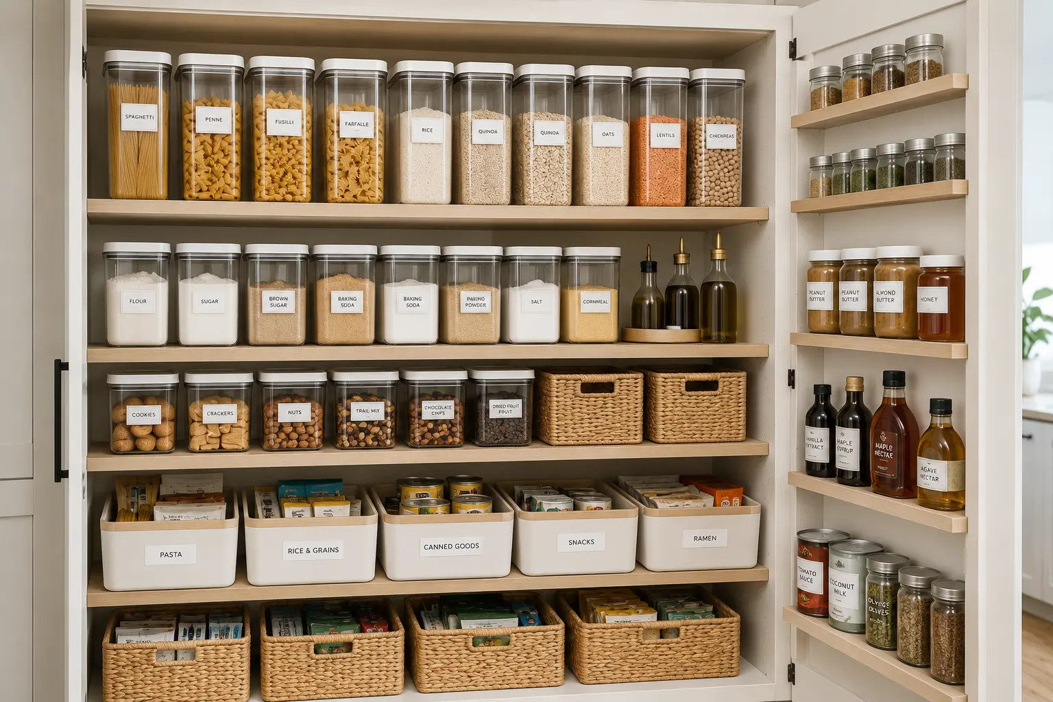 Glass jars with uniform labels on pantry shelves — a clear system reduces food waste and daily decisions