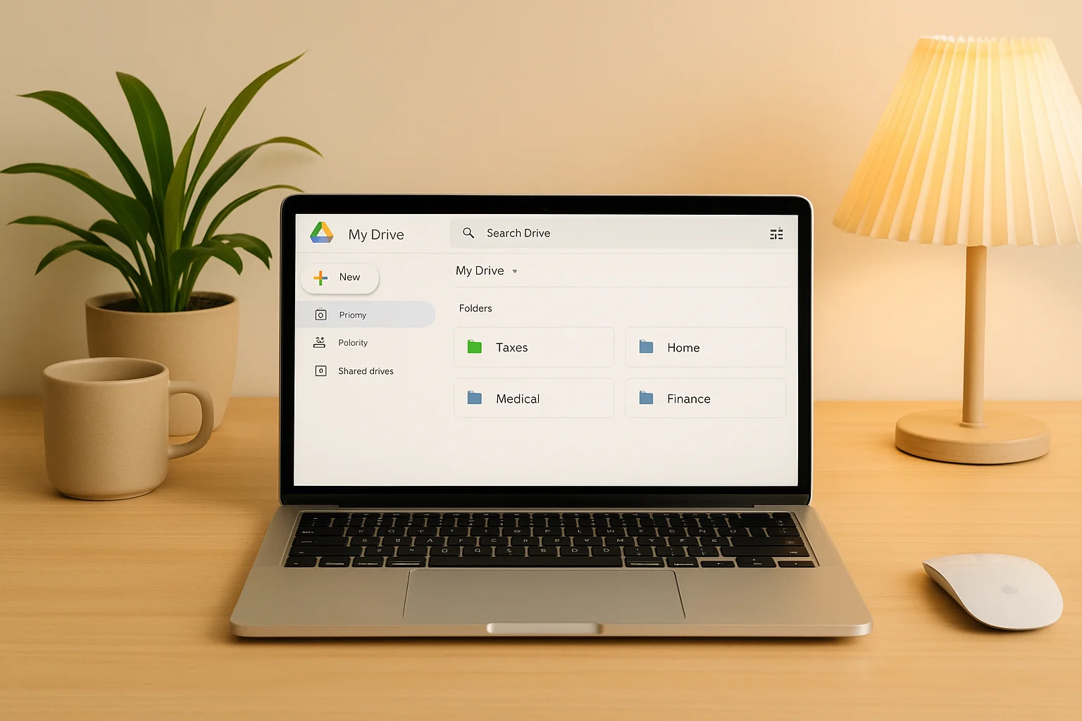 Laptop screen showing organized digital document folders in Google Drive — a clean filing structure for a paperless home