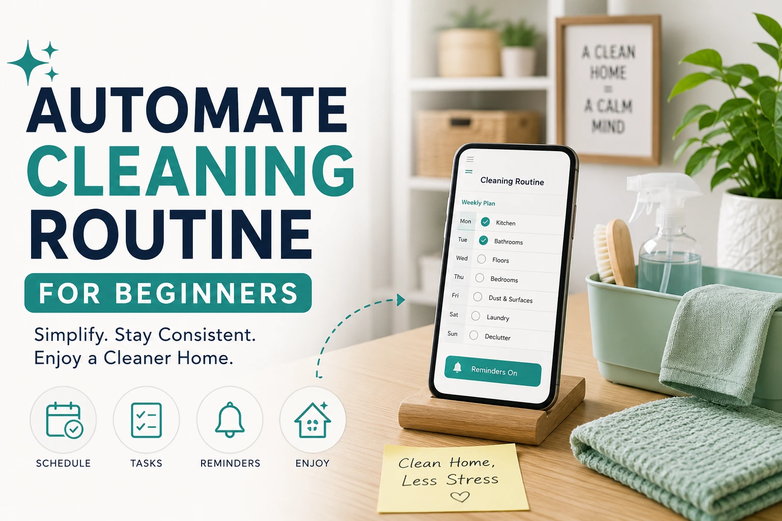 A clean, minimal living room with a robot vacuum on the floor and a smartphone showing a cleaning schedule app