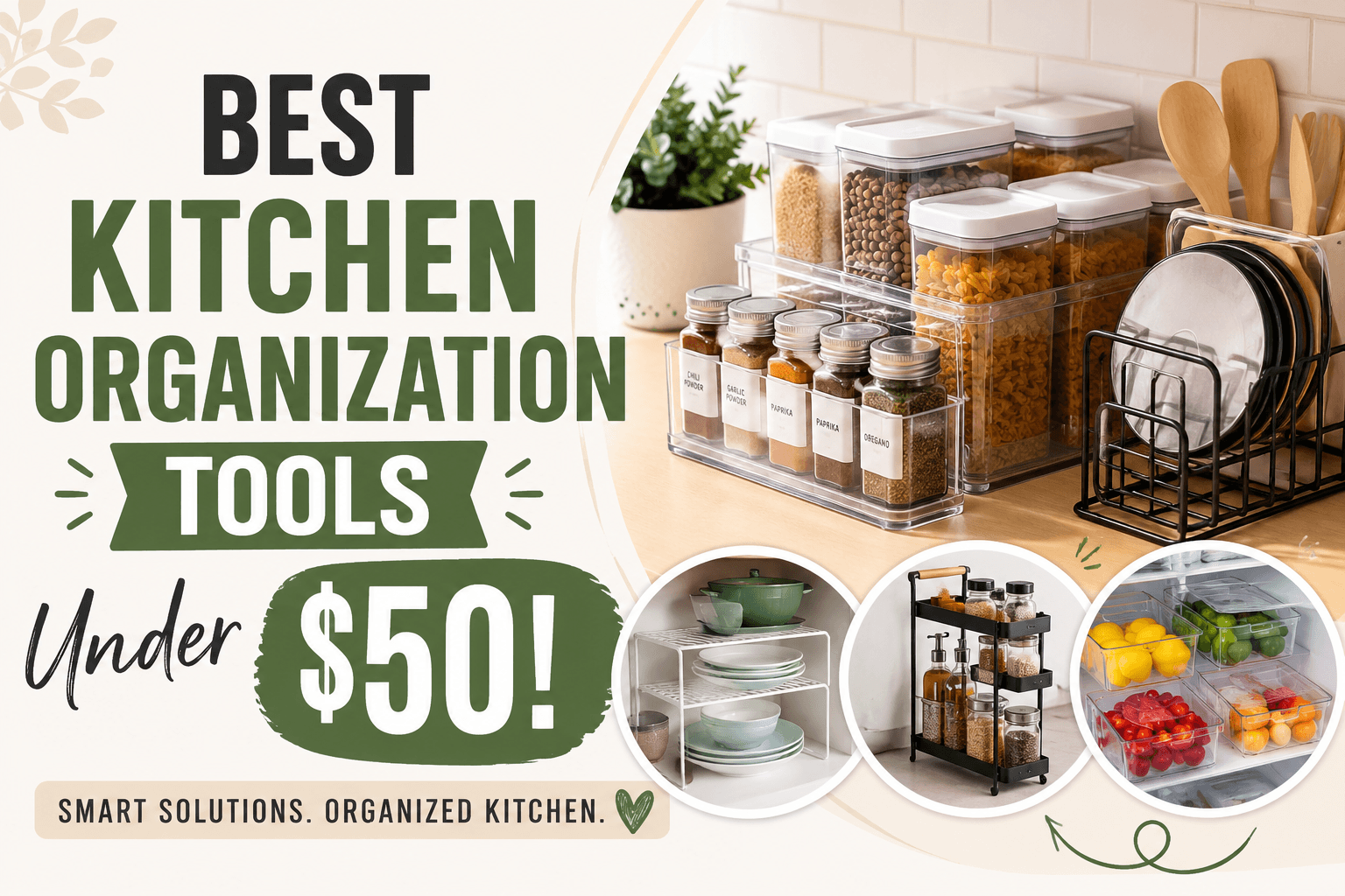 Well-organized kitchen with clear bins, labeled containers, and tidy drawer dividers
