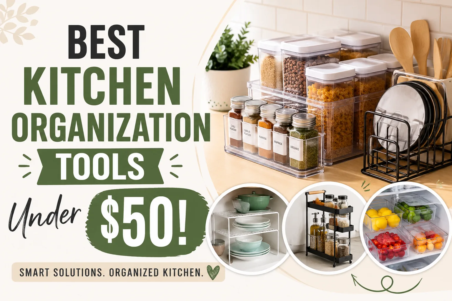 Well-organized kitchen with clear bins, labeled containers, and tidy drawer dividers