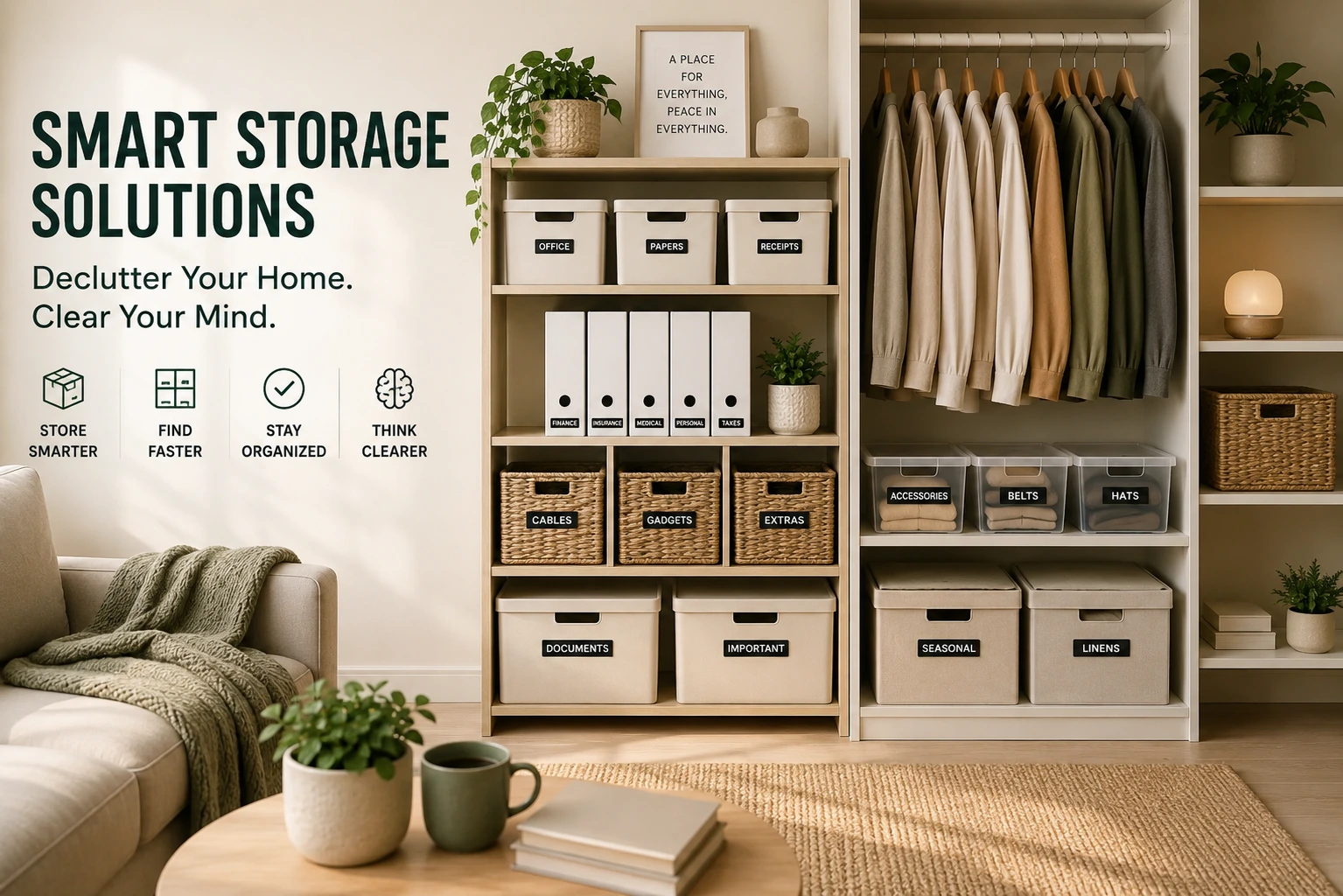 Best smart storage solutions in use: neatly organized storage room with labeled clear bins stacked on white shelves